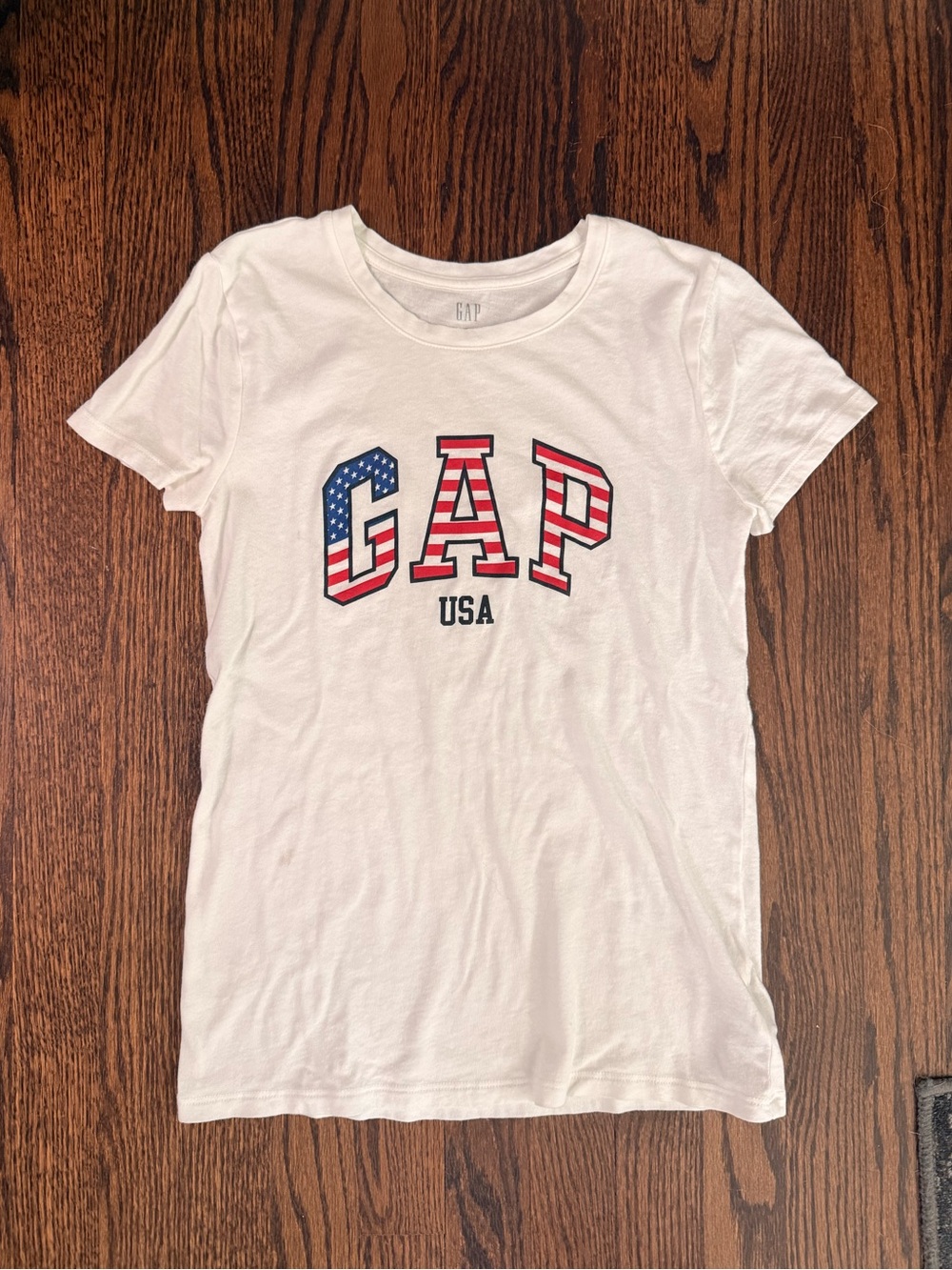 GAP White Short Sleeve Tee with Red & Blue Flag Logo